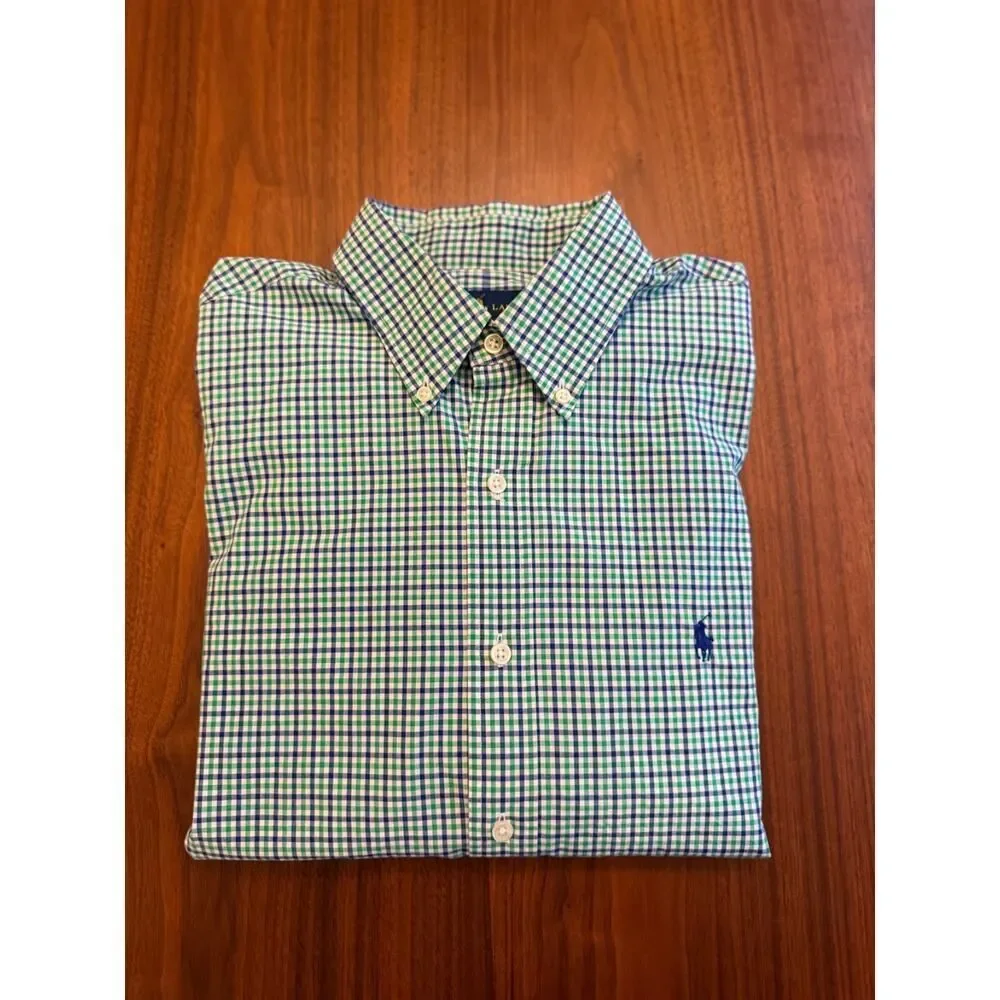 Polo Ralph Lauren Men's Green and Blue Plaid Button Down Shirt - Size Large